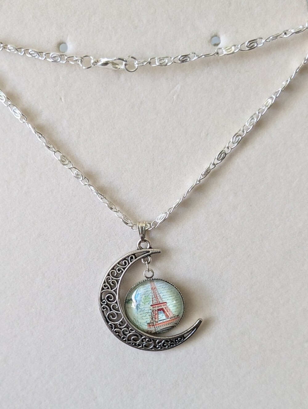 New Silver Crescent Moon Necklace with Eiffel Tower Pendant - Silver/Blue Accent